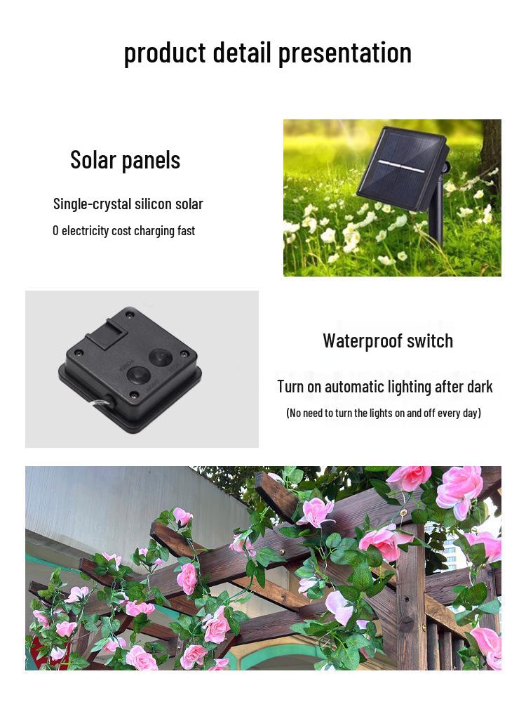 Solar Rose String Lights: Outdoor & Indoor Decorative Flower Vine for Patios, Balconies, Railings, and Ambiance