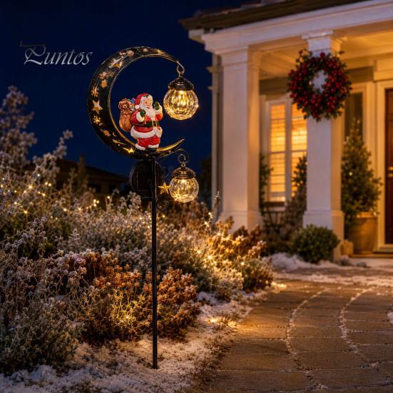 Christmas Pathway Lighting Santa Garden Stake Light, Solar Powered Crescent Moon Lamp, Double Outdoor Festive Ground Stakes Glass Globes, Waterproof