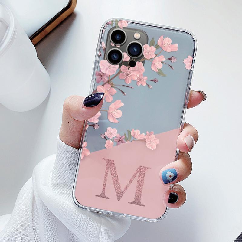 Flowers Letter Case For iphone 12 Pro Max 12 Capa Clear Soft Silicone Covers For iphone 12 Fundas Alphabet Transparent Bags