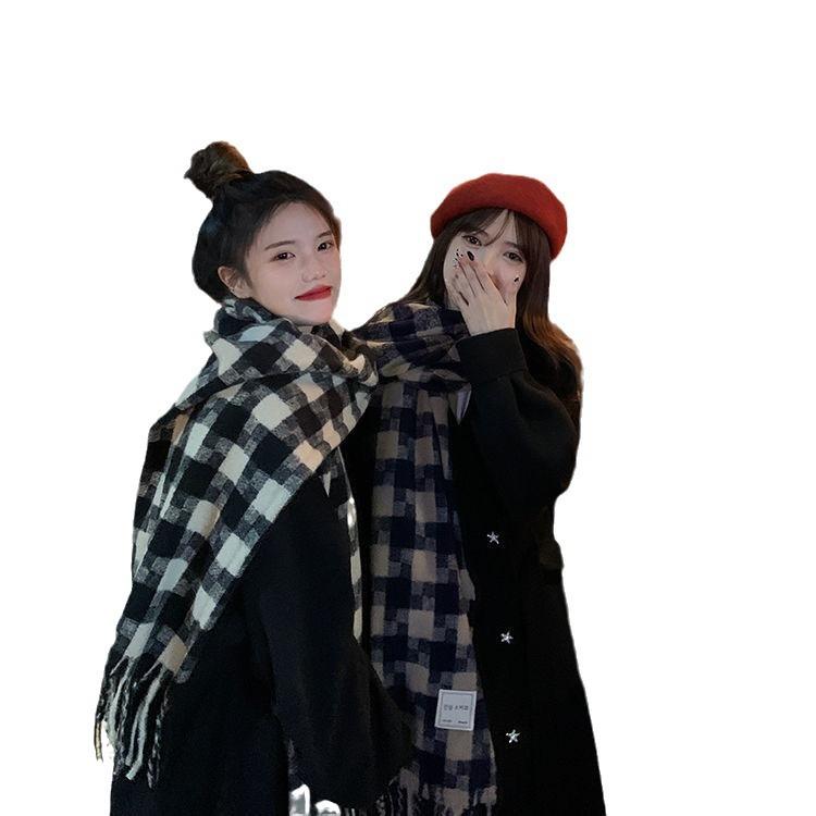 New Black and White Large Plaid Thickened Warm Scarf for Women Winter Korean Student Plaid Tassel Couple Shawl and Scarf