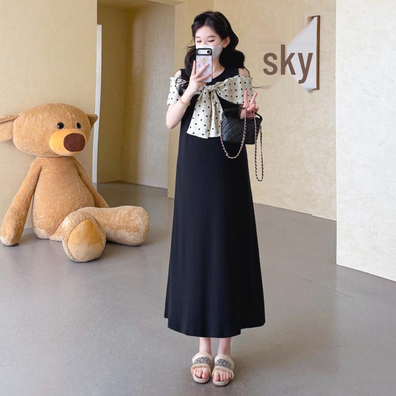 Elegant Maternity Off-Shoulder Midi Dress, Summer 2026 - Plus Size Slimming with Bowknot XL