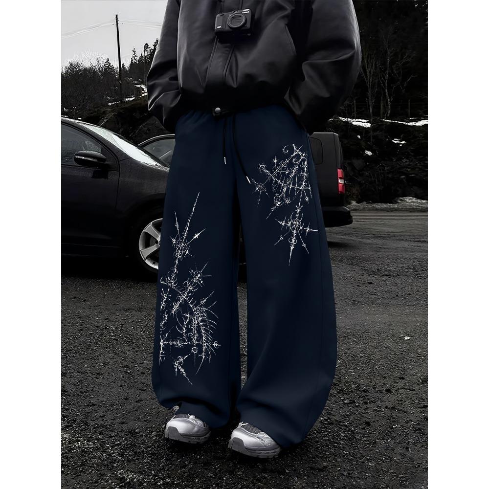 Schwarze Weite Hosen, Streetwear mit Dramatischen Weißen Flammenmustern, Lockerer Schnitt, Ganztägiger Komfort, Verbessern Sie Ihr City Fashion Game