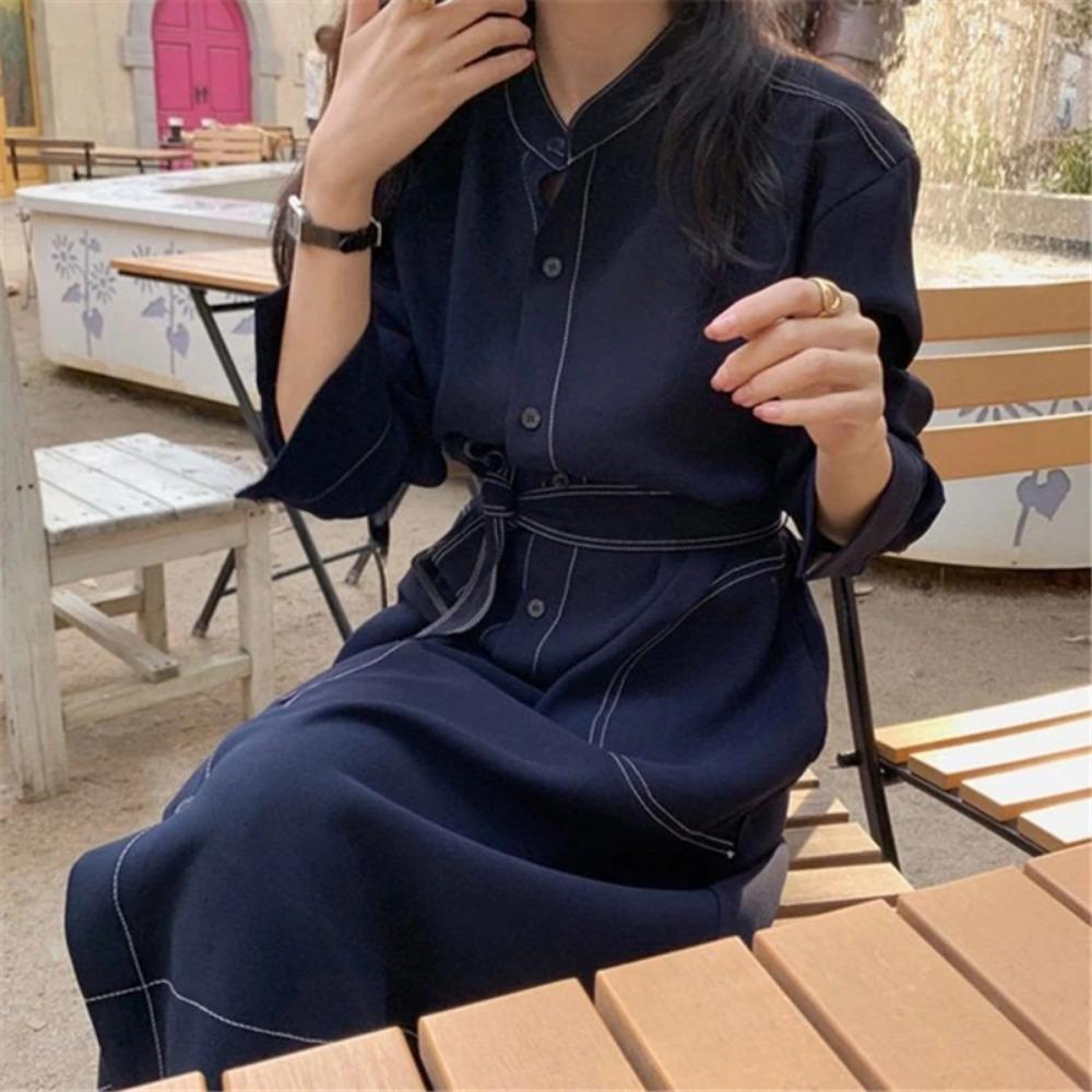 Single Breasted Women's Shirt Dresses Sashes New Stand Collar Casual Straight Dress Female