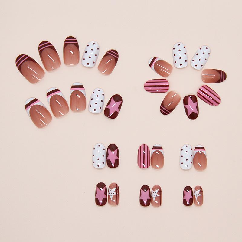 24 Pieces Red and Brown Cheese Polka Dots Striped French Stars Style Removable Nail Art 30 Pieces Press On Nails