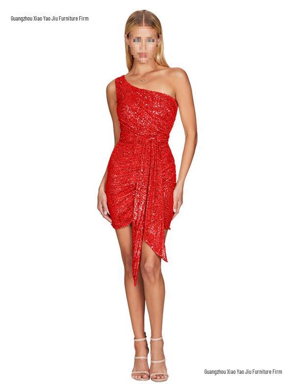 Women's One-Shoulder Sequin Bodycon Dress - Sweet and Spicy Style