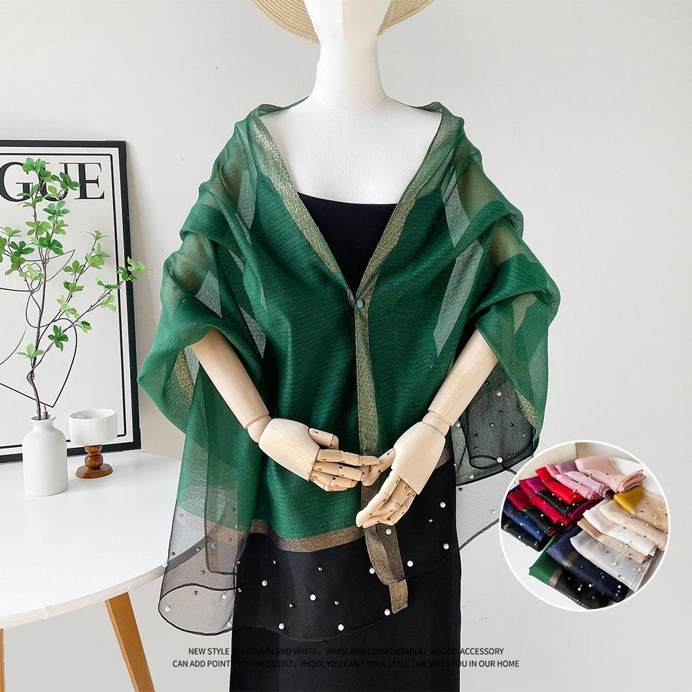 New Pure Color Pearl Silk Scarf Women'S Spring Summer Lightweight Large Shawl Long Wrap Cross-Border Scarf Polyester Fabric