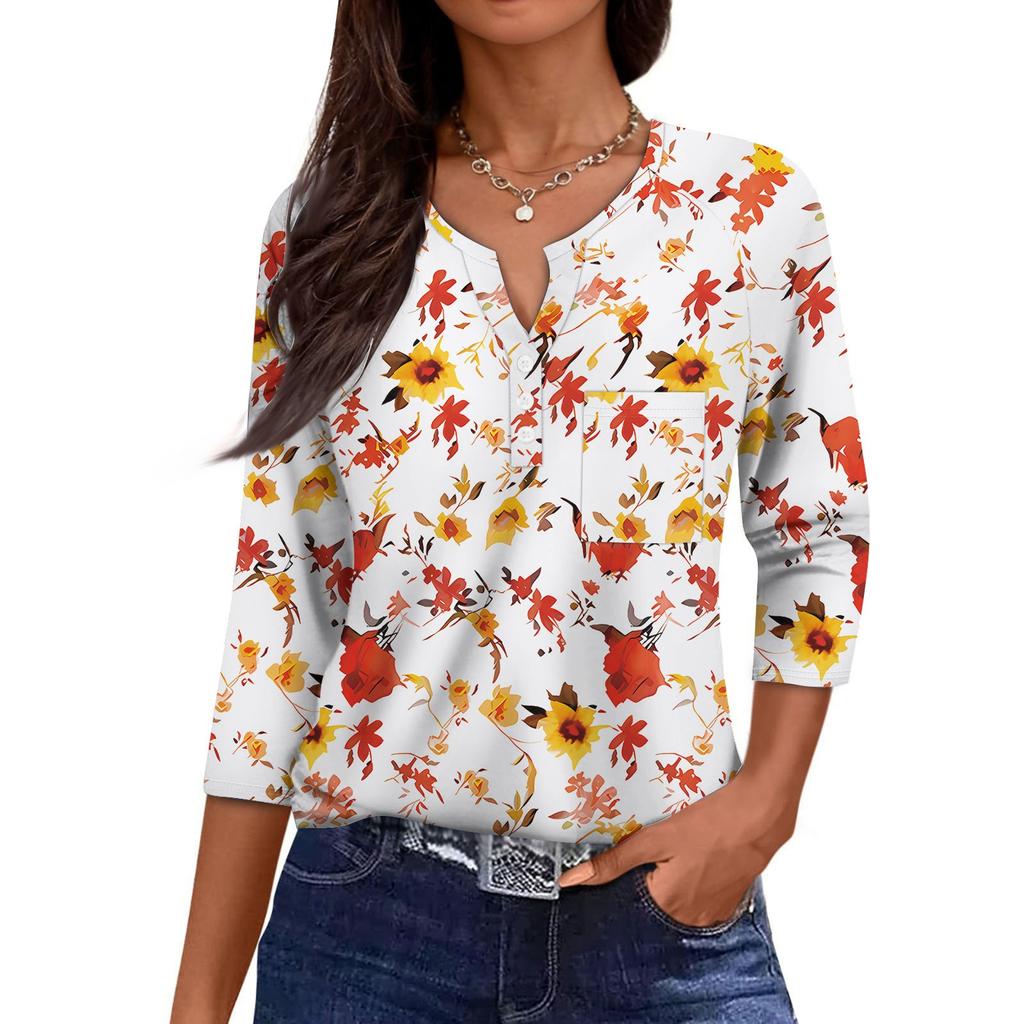 Dámská Ležérní Módní Výstřih do V Volná Univerzální Květinový Potisk Tříčtvrteční Rukávy
