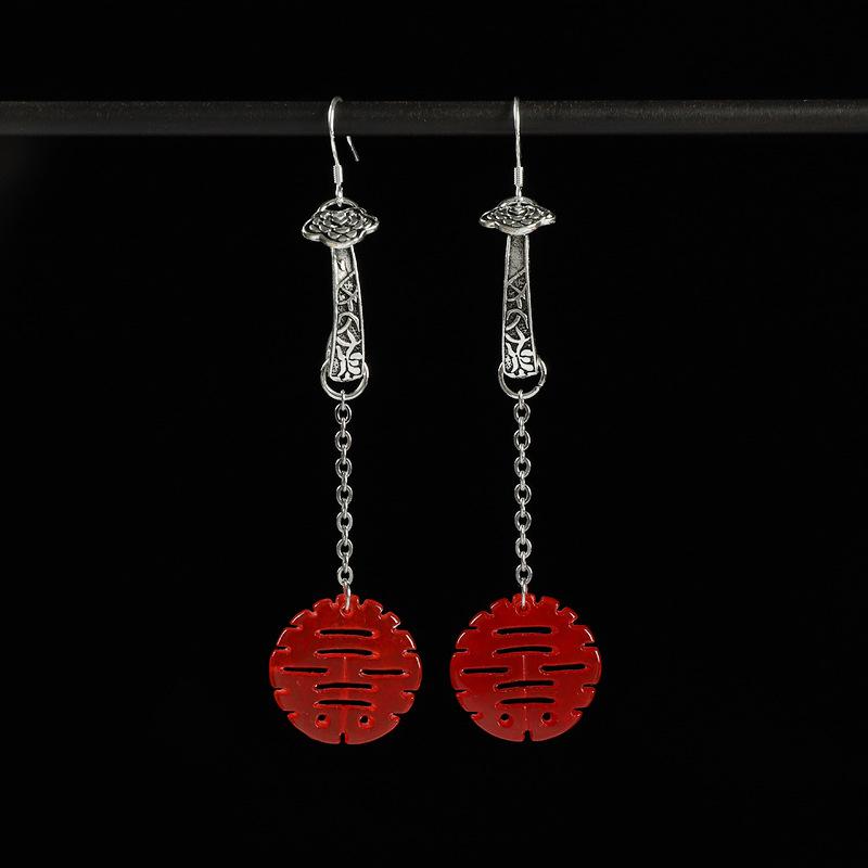 Original design earrings, ancient silver jade dry green double happiness characters, long fringed earrings, retro temperament earrings, women's