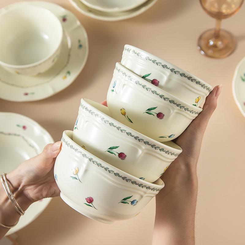 Victoria High-Value Tableware, Small Flowers, Fresh Ceramic Bowls, Household Plates, Large-Capacity Soup Bowls, Binaural Bowls