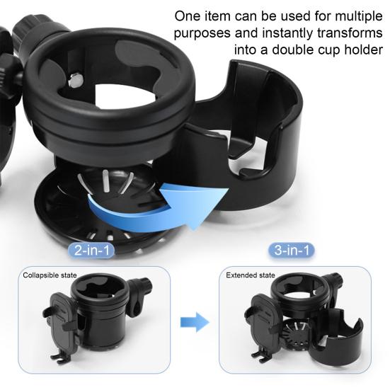 Water Cup Holder 3 in 1 Stroller Cup Holder with Phone Mount 360 Degrees Rotatable Drink Holder Non Slip Easy Install Removable Stroller Accessories