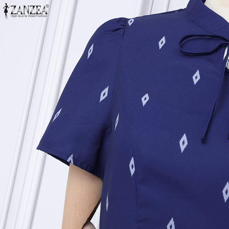 ZANZEA Womens Stand Collar Summer Casual Short Sleeve Print Dress