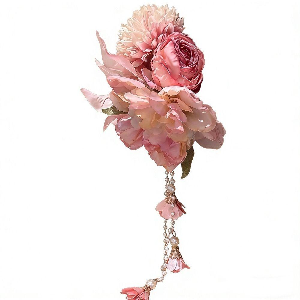 Elegant Design Flower Hairpin Pink Floral Headdress Tassel Hanfu Hair Accessories  Party Wear