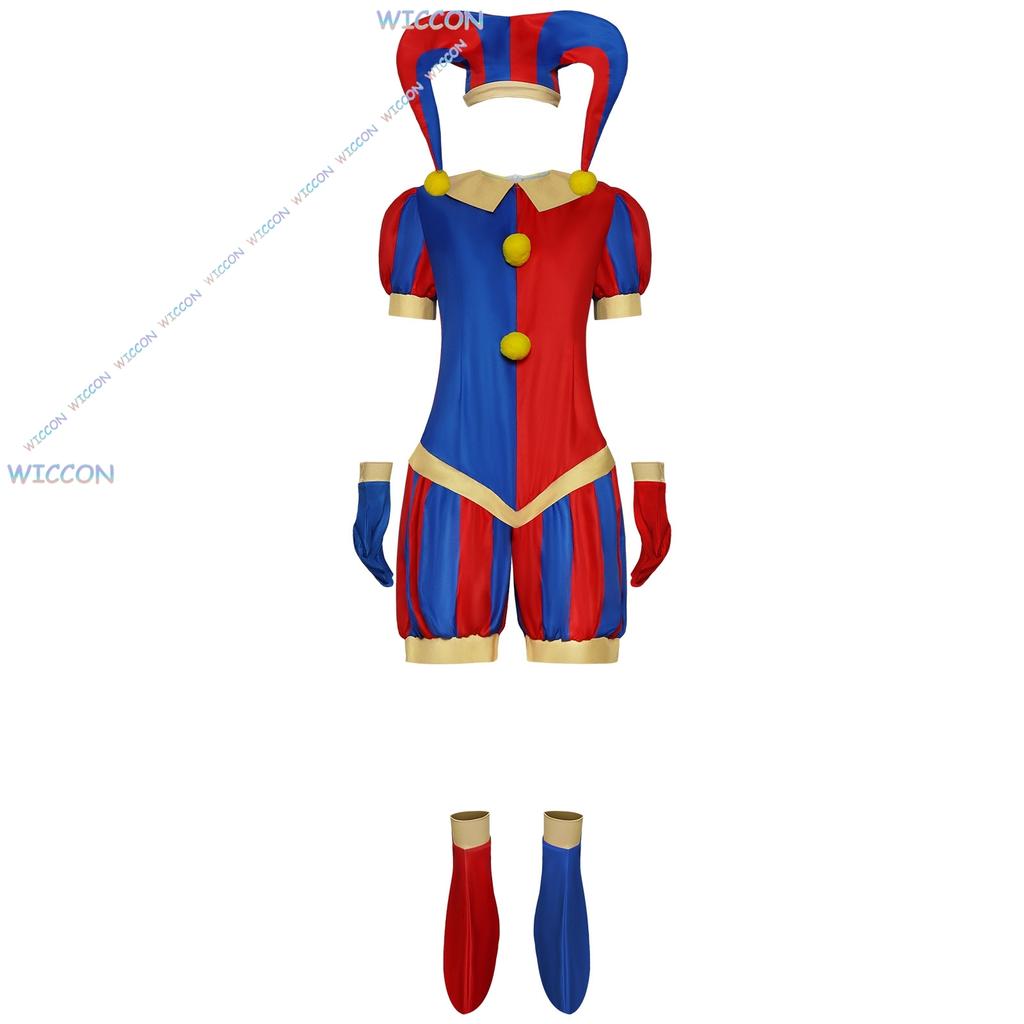 Pommni Vestiti Cappello CosRoom/Bambini Adulti Cartone Animato Circo Pagliaccio Cosplay Completo Costume Parrucca Halloween Tuta Rossa Outfit Carnevale Carino