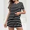 Summer Stripe Thin Pajamas Set for Women Homewear Sexy Loose Short Sleeve Crop Tops and Shorts 2 Pieces Sets Pijamas Sleepwear
