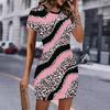 Fashion Womens Loose Abstract Pattern Print O Neck Short Sleeve Loose Streetwear A-line Dress