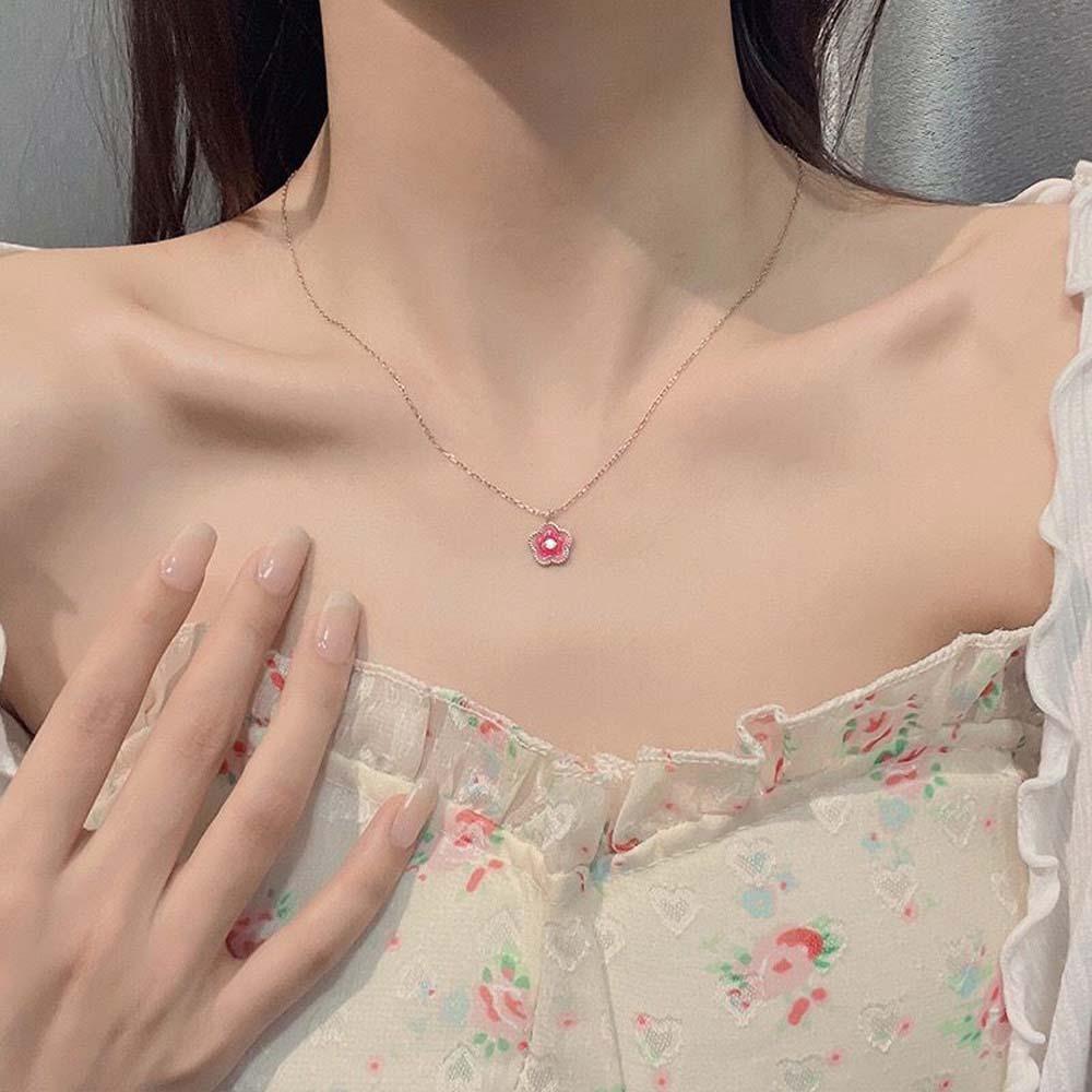 Korean Style Women Flower Necklaces Pink Peach Blossom Flower Clavicle Chains  Jewelry Accessories