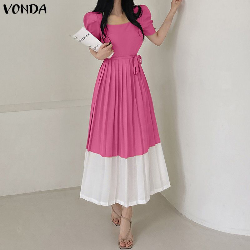 VONDA Elegant Women Casual O Neck Front Pleating Stitching Long Office Dress