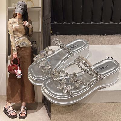 Schmetterling Strass Sandalen Damen Sommer Dicksohlige Keile Feenwind Zwei Tragemöglichkeiten Coole Slipper Flachboden Strass Strand-Slipper