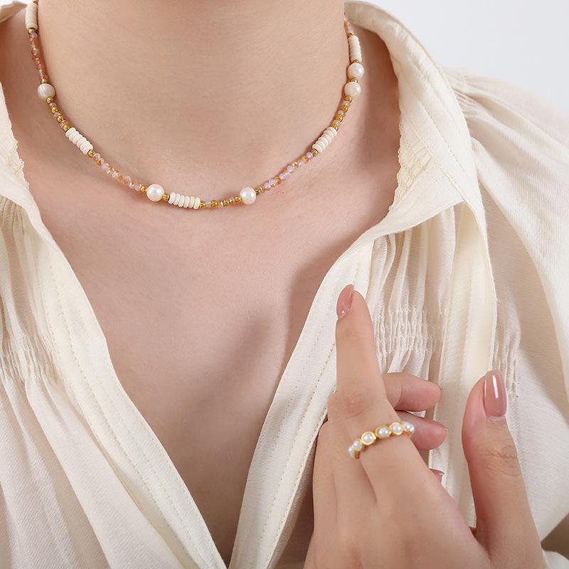 Dopamine Color String Chain Handmade Necklace Freshwater Pearl Glass Stone Personality Versatile Round Bead Clavicle Chain Jewelry Women