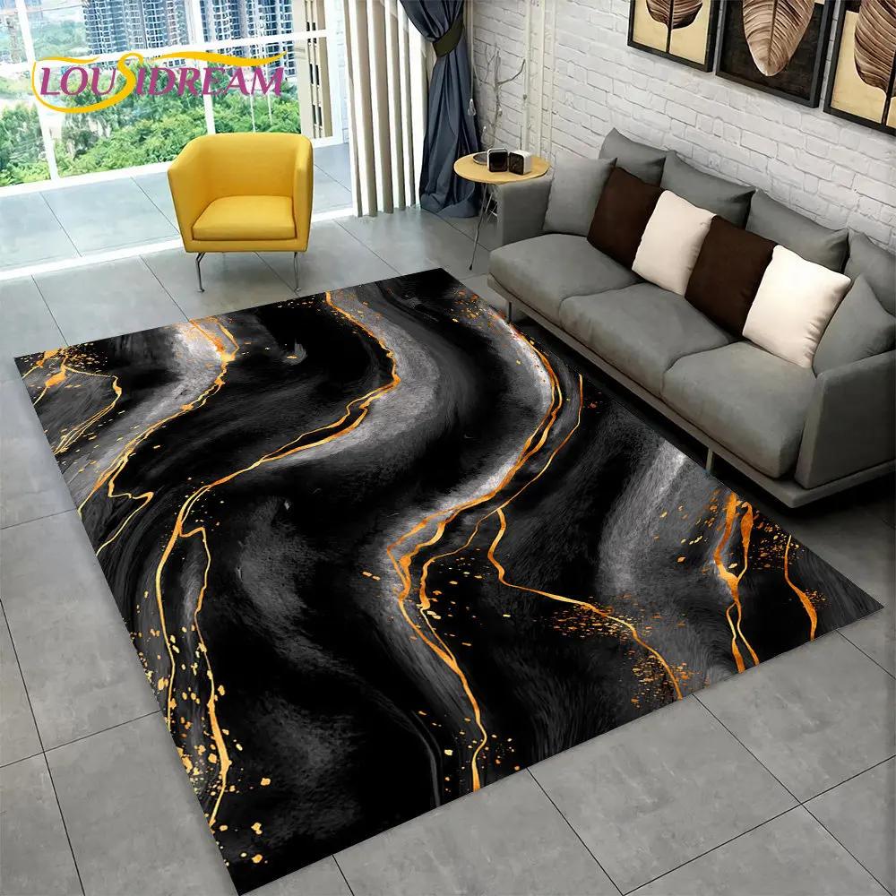 Nordic Blue Golden Colour Marble Geometric Area Rug,Carpet Rug for Living Room Bedroom Sofa Doormat Decor,Kid Non-slip Floor Mat