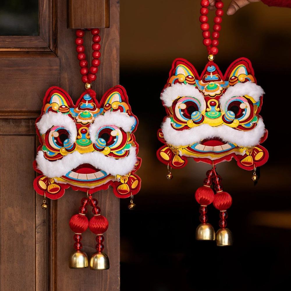 Traditional New Year Hanging Pendant Handmade Cartoon Horse Year Desktop Ornament with Bells Wooden Bead Lanyard