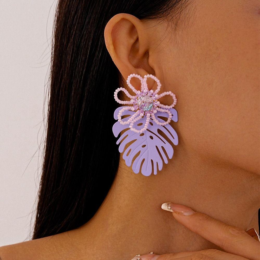 Simple Metal Leaf Drop Earrings Hollow Out Purple Flower Earrings Beaded Flower Earrings  Vacation