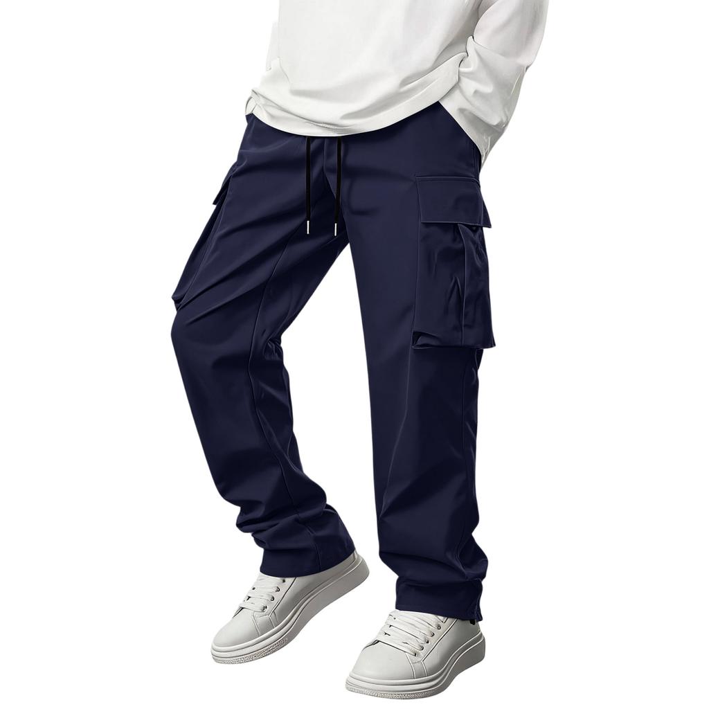 Men Casual Slim Fit Straight Leg Outdoor Multi Pocket Cargo Pants Lightweight Breathable Drawstring Waist Long Trousers