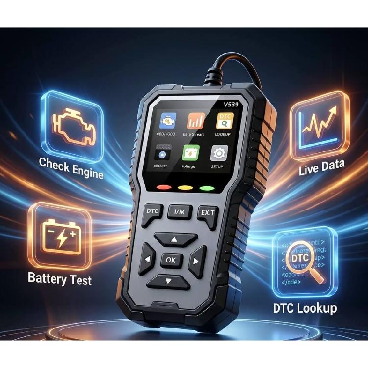 Handheld Car Diagnostic Tool V539 with Engine Fault Review, Battery Check and Visual Menu for Home Vehicle Care and Garage Use Daily