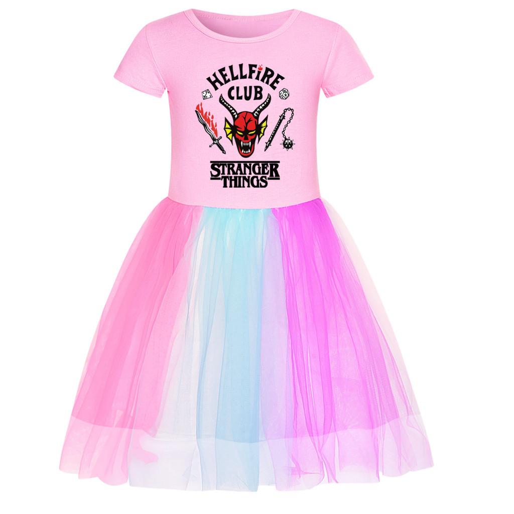 5253 Kids Girls Stranger Print Mesh Rainbow Round Neck Casual Casual Cotton Dress