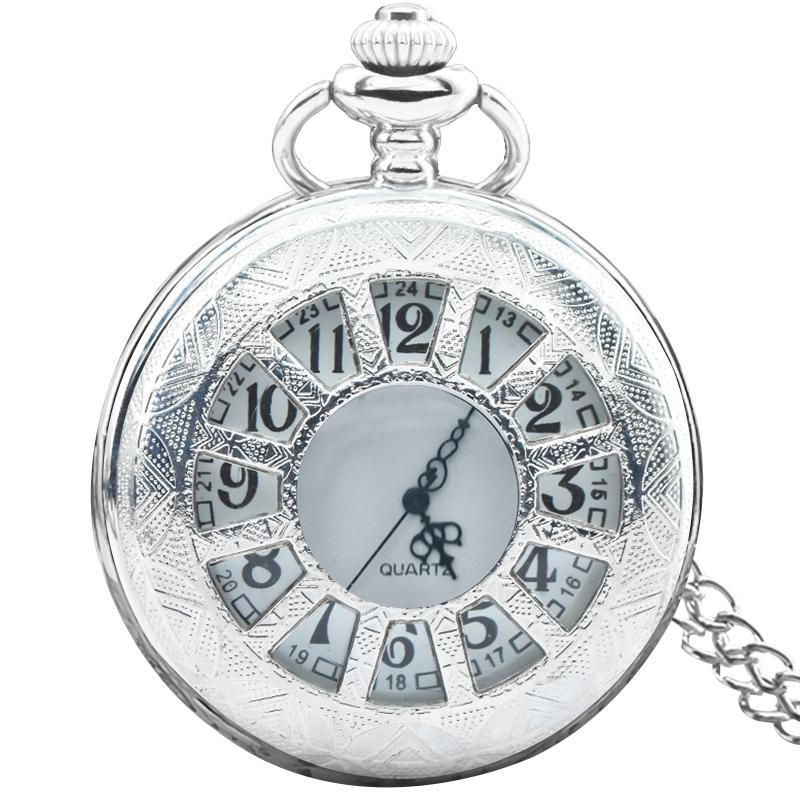 

Vintage Silvery Steampunk Cutout Carved Quartz Pocket Watch Necklace Pendant Clock Chain Men Women Chain Gift