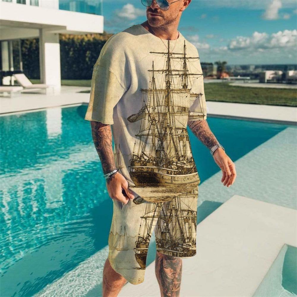 Vintage Wave Print T-shirt Set Summer Men's Beach Breathable Short Sleeve 2 Piece Set Men's Fashion Tops Set Men's Clothing