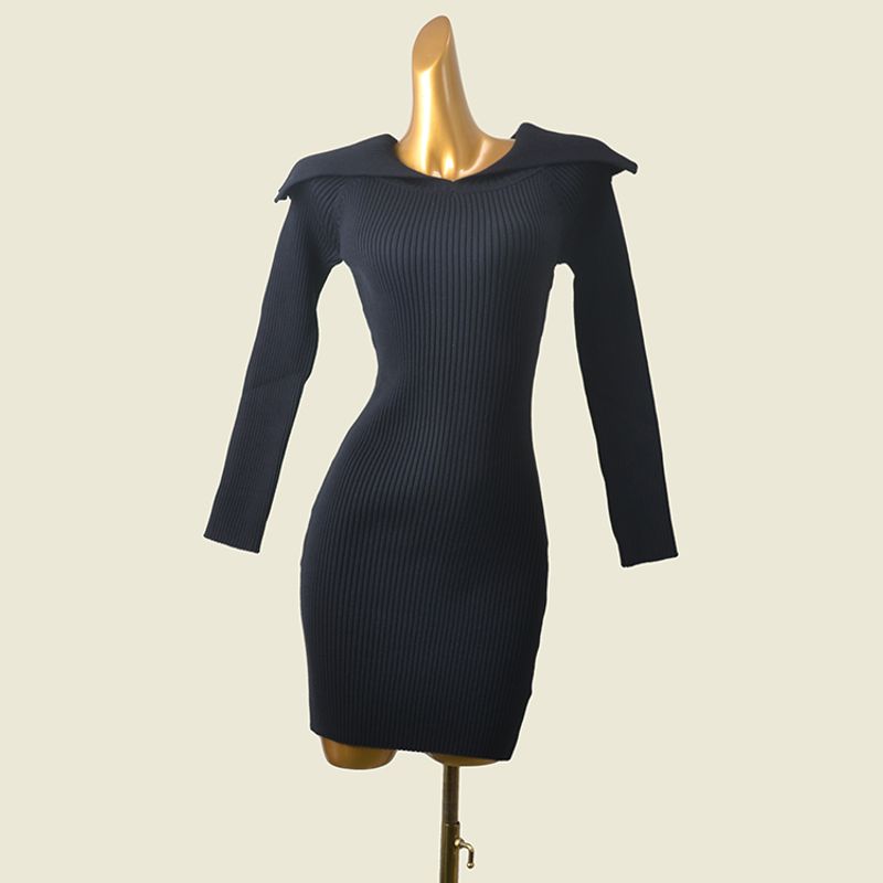 

Sailor Collar Threaded Figure Flattering Bodycon Dress Fashion Wind Black Long Sleeve Inner Wear Stylish Export Knitting Dress Black M