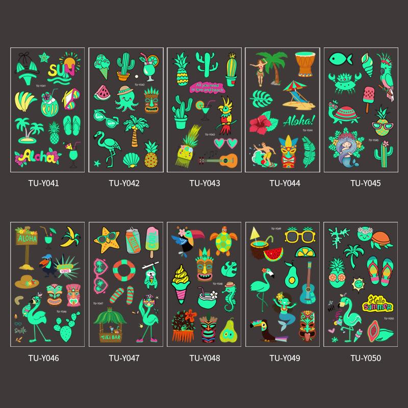 

10Pcs Luminous Hawaiian Tattoo Stickers Glow In The Dark Tropical Flamingo Beach Party Sticker Aloha Luau Birthday Decor Supply