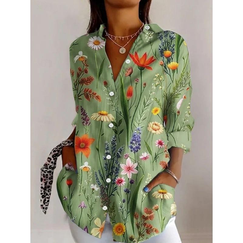 Fashionable Women's Floral Print Long-Sleeve Shirt Loose Fit Comfortable Breathable Long-Sleeve Shirt Casual Everyday Shirt