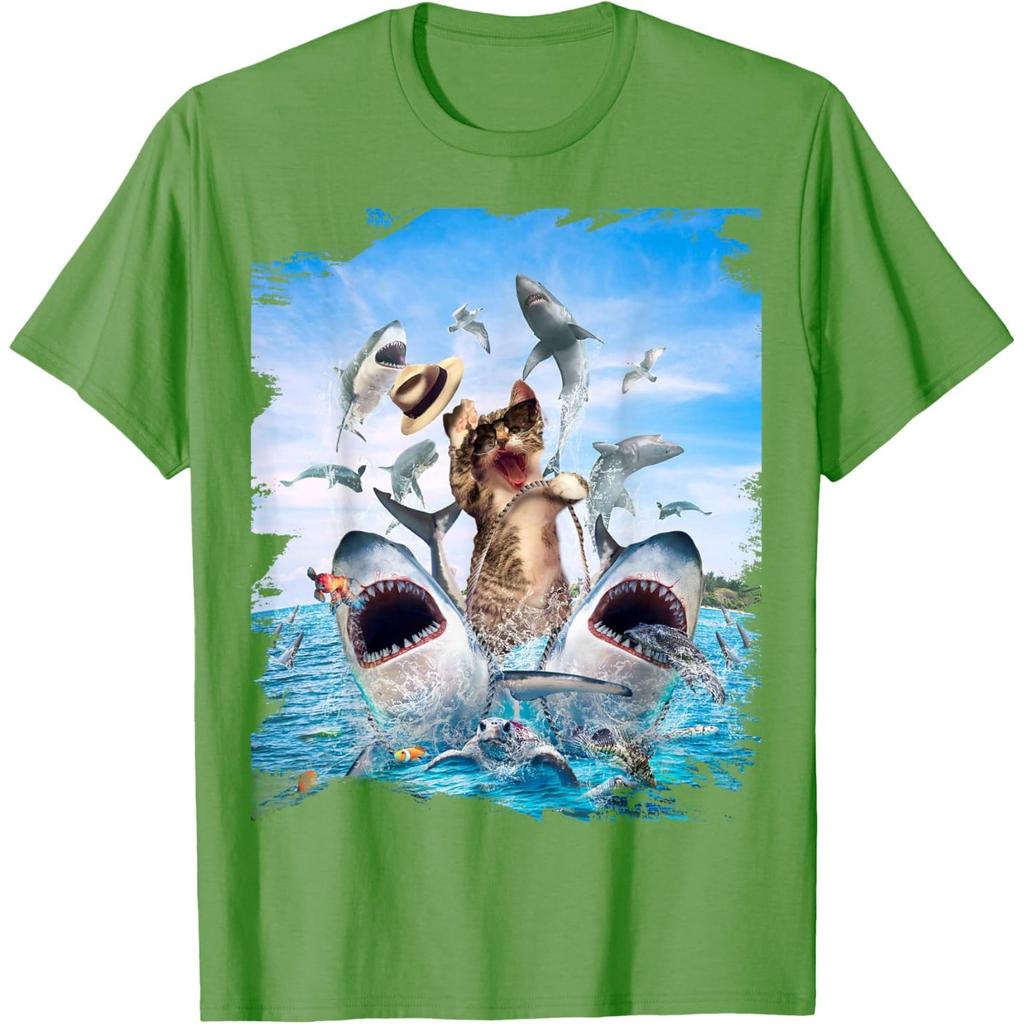 Funny Cat Riding Shark Beach Ocean Graphic Mens Casual Round Neck Tshirt