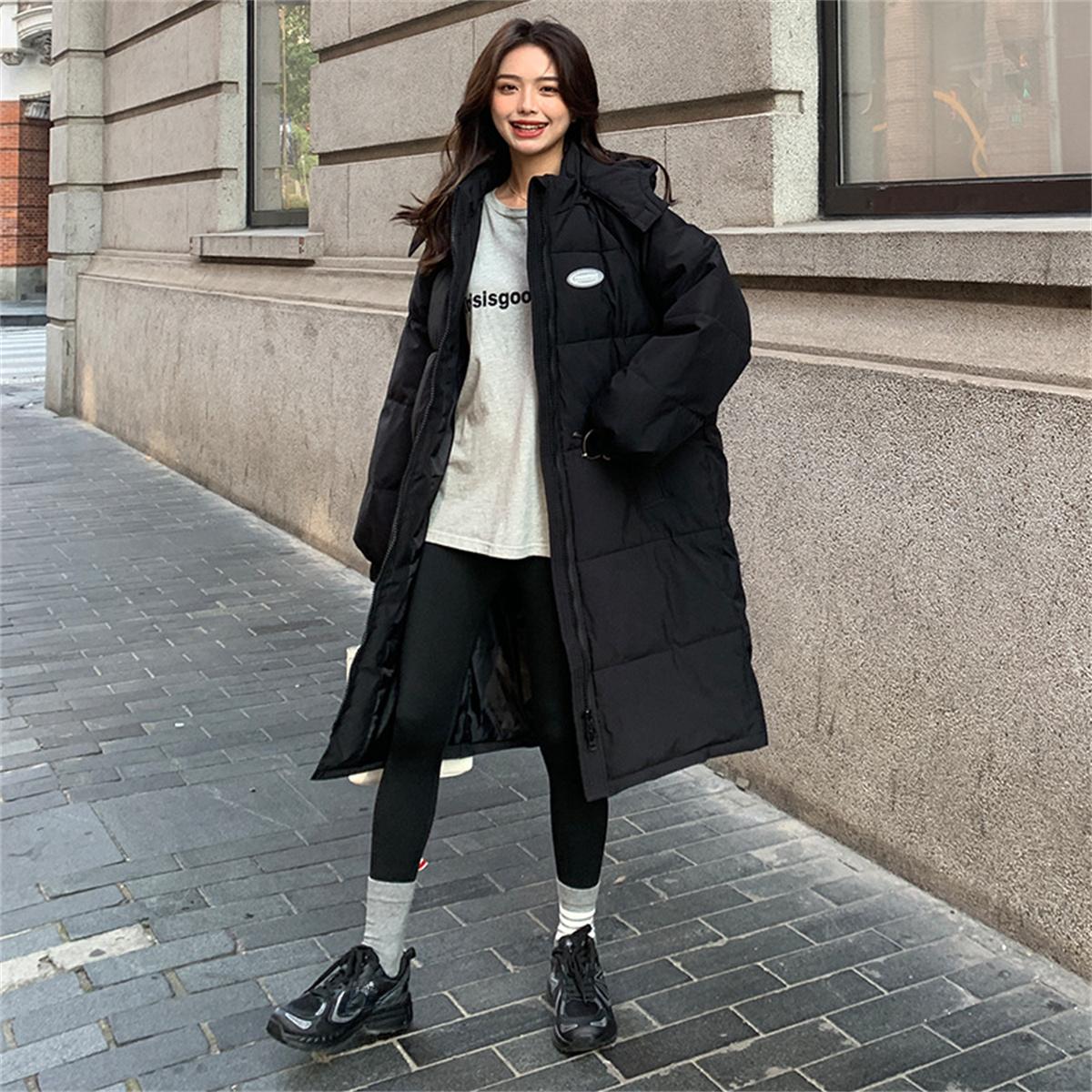 

Зимняя женская свободная куртка, пальто, длинные парки, женское пуховое хлопковое пальто с капюшоном, толстые теплые куртки, ветрозащитные повседневные студенческие пальто S чёрный
