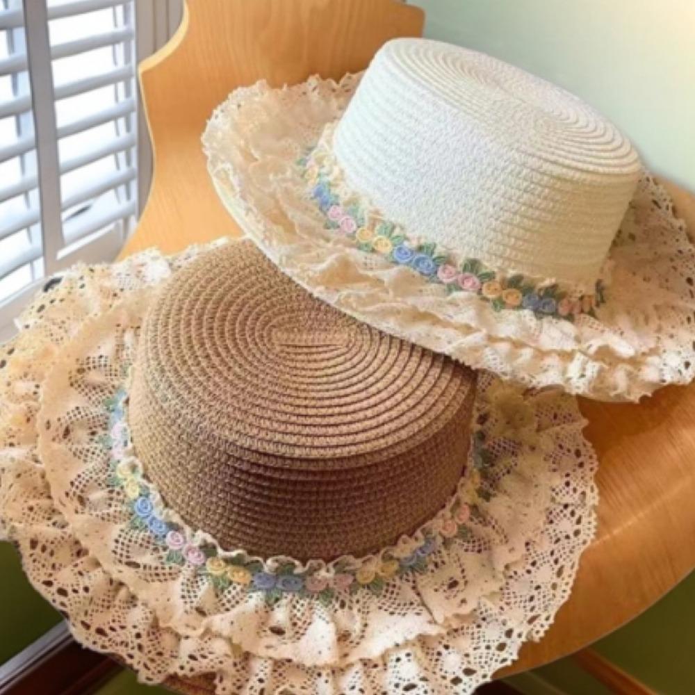 Wide Brim Lace Floral Brim Cap Flat Top Sunscreen Hat Simple Straw Woven Top Hat  Travel