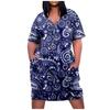 Women's Casual Large V-neck Short Sleeve Printed Pocket Loose Dress
