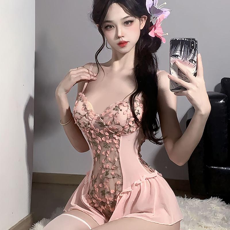 Deep V Flower Vine Open Crotch Bodysuit Suspender Embroidery Ballet Nightdress Slim Gathered Mesh Bodycon