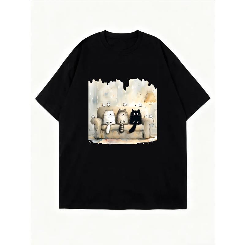 Cute Cat Sofa Print White T-Shirt For Women Casual Wear Summer Outfit Fashion Top With Kitten Design Comfortable Cotton Shirt For Daily Life