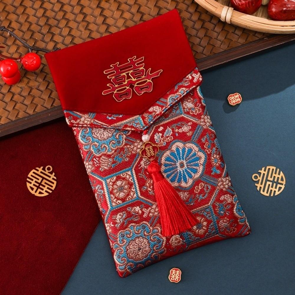 New Year Blessing Words Brocade Red Envelope Brocade Cloth Tassel Cloth Money Pocket HongBao Spring Festival New Year Money Bag