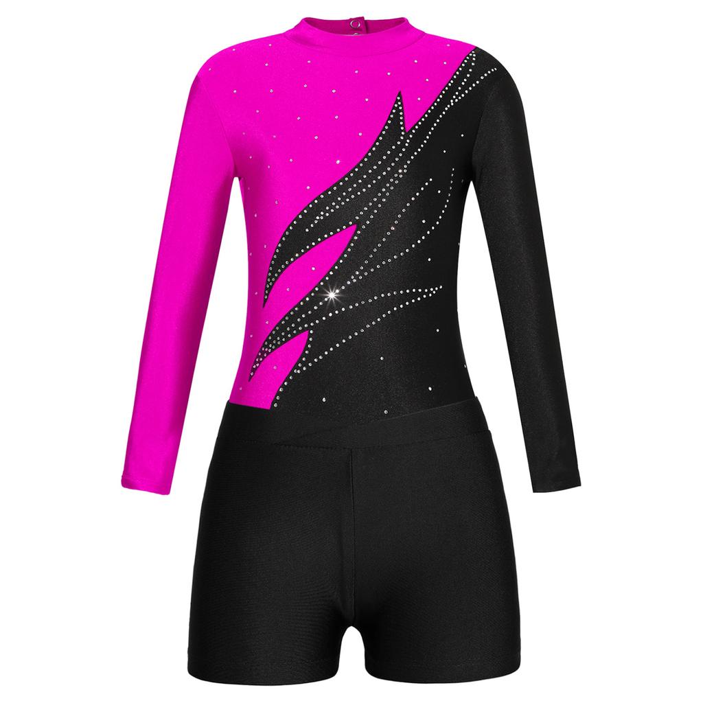 Kids Girls Stylish Clothing Set for Skating Training Wear Outfits Long Sleeve Contrast Color Leotards and Shorts