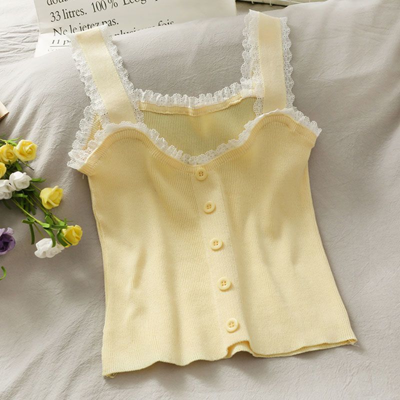 Lace Patchwork Fungus Edge Short Slim Fit Vest for Women New Candy Color Versatile Breasted Camisole for Summer