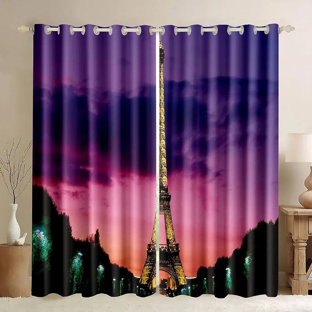 

Paris Window Curtains Romantic Eiffel Towers,Famous Cityscape Scene Window Black And White Hand Painted Blackout Curtains W60H190(CM)-1 Pcs