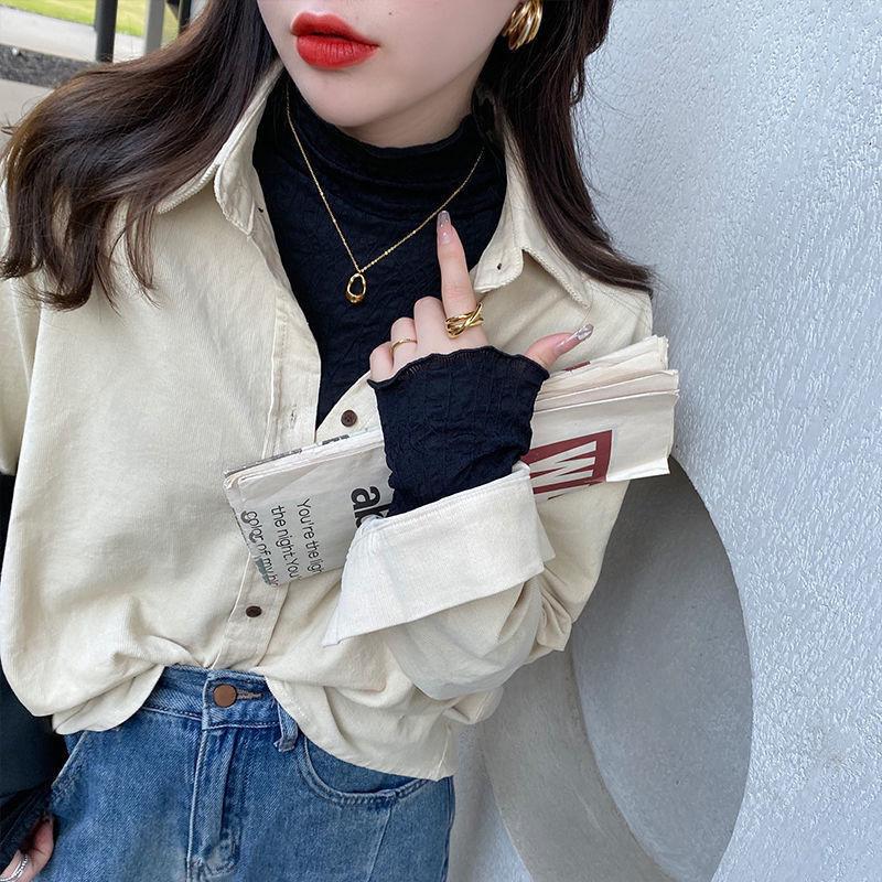 

Флисовая кружевная композитная рубашка с полувысоким воротом, черная, с ушками, для женской марлевой одежды, осень и зима, новые футболки с длинными рукавами, топы 2XL чёрный