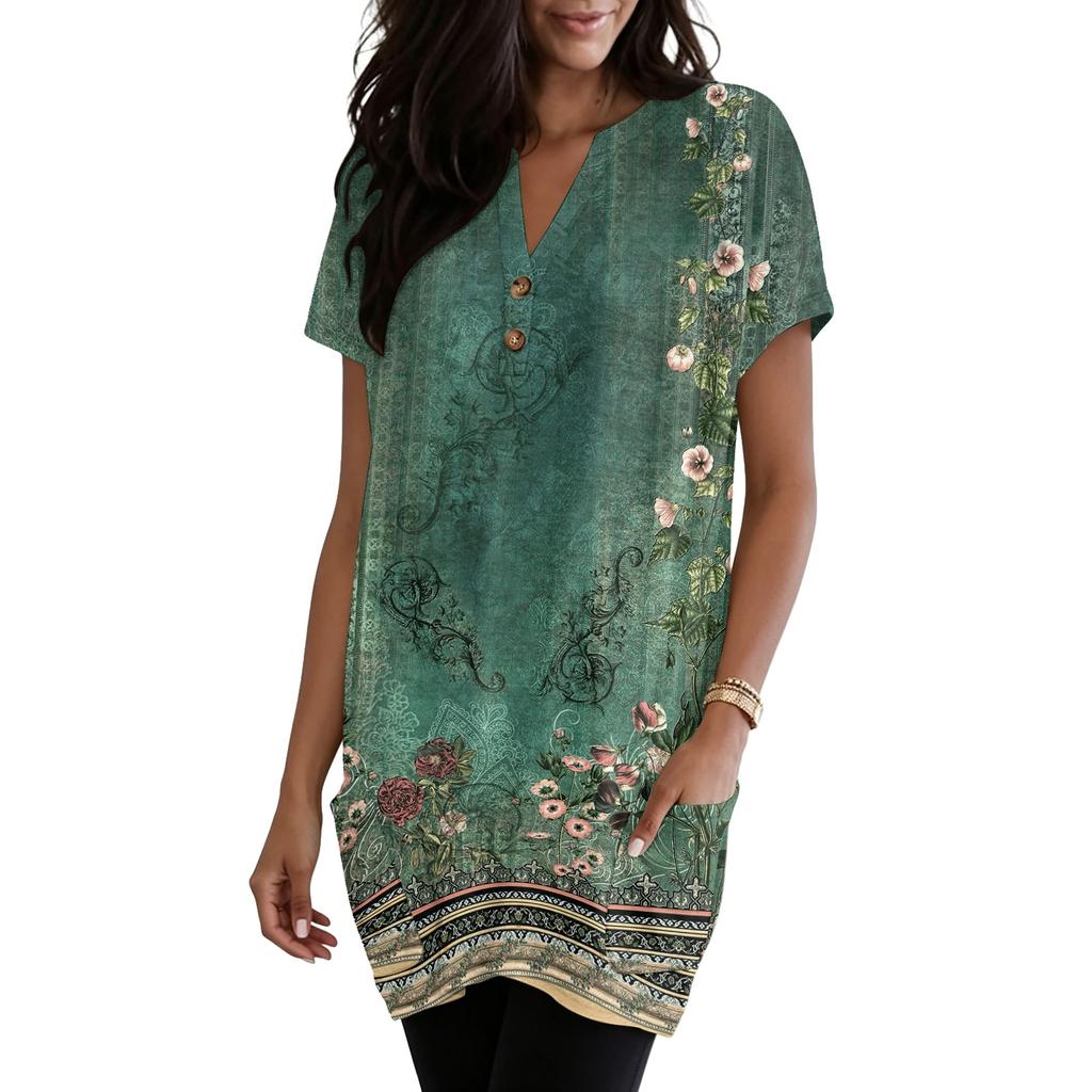 Women's V-Neck Vintage Floral Print Short Sleeve Pullover Top with Pocket