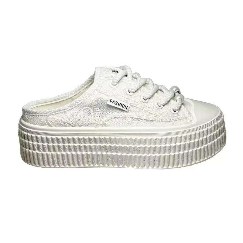 

Модный топ-ракушка из ажурного кружева, дышащие повседневные полупрозрачные сетчатые шлепанцы, европейский и американский стиль, шлепанцы на одну ногу, женская ленивая обувь 35 грязно-белый