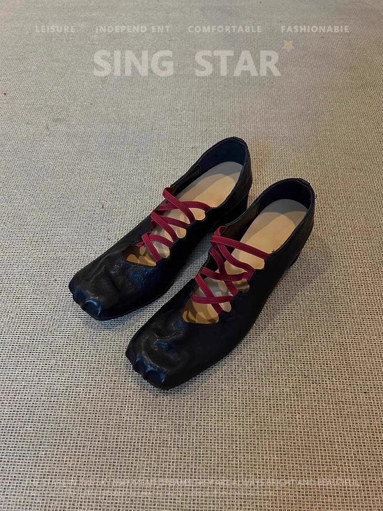 

Sheepskin version~ retro niche cross-strap single shoe pleated leather square head pig nose shallow mouth ballet shoes women 34 чорний