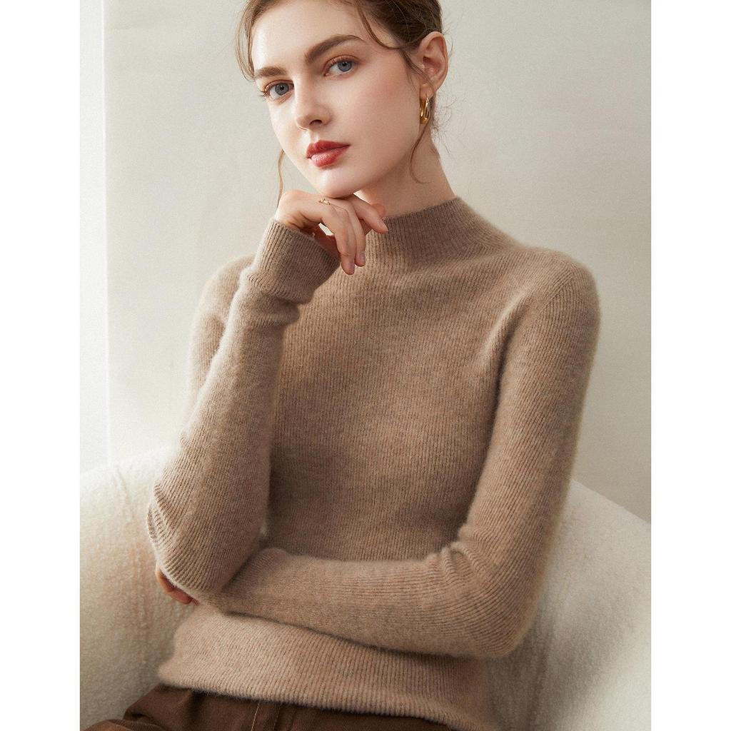 Women's Slim Fit 100% Pure Cashmere Half-High Neck Sweater - Warm Knit Base Layer Top for Autumn/Winter