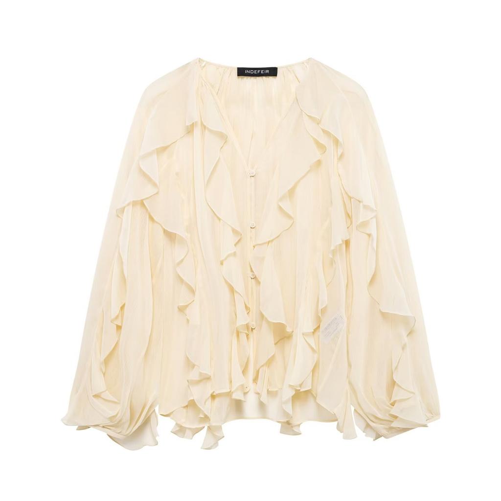 VAYLA Summer Sexy Women's Translucent Ruffles Blouses Fashion V-neck Single Breasted Tierred Causal Tops Beach Style Solid Shirts